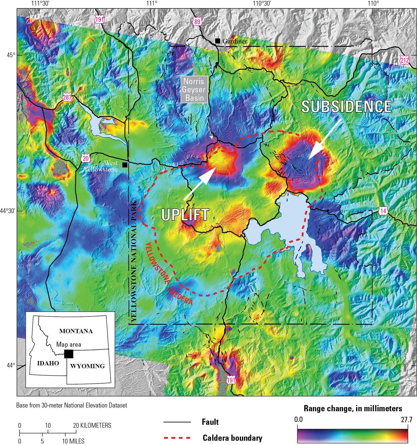 Interferograma creado a partir de datos de radar satelital recopilados el 7 de octubre de 2024 y el 2 de octubre de 2025 sobre la región de Yellowstone por el sistema de satélite Sentinel-1. 